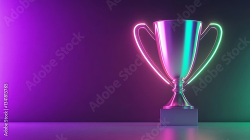 A shiny trophy illuminated by vibrant neon light against a dark background, symbolizing achievement