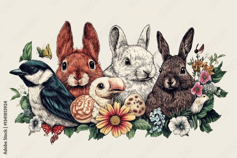 Fototapeta premium Adorable animals surrounded by spring flowers.
