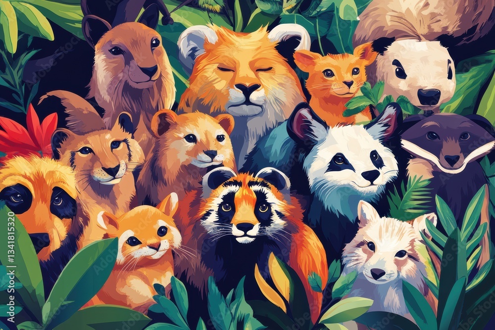 Naklejka premium Vibrant wildlife portrait, diverse animals.