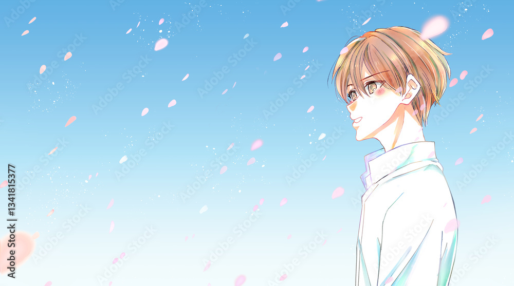 頬を染める男性　横側　桜吹雪