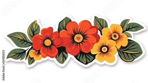 Vibrant floral garland.  A decorative arrangement of orange and yellow flowers with green leaves