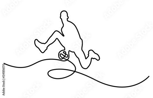 Continuous one line drawing of a basketball player performing a slam dunk. A male sportsman holding a basketball. Symbol of power, and game excitement. Single line art illustration white background.
