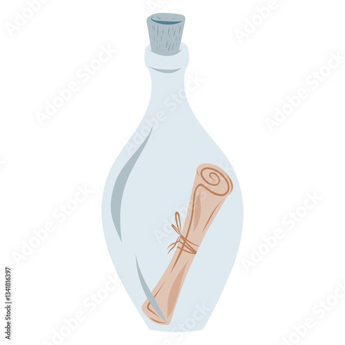 Hand drawn message in the bottle icon, hidden scroll in the bottle. Vector illustration