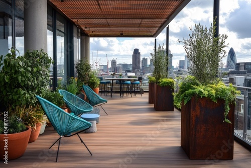 London rooftop terrace, modern seating, city view, and plants