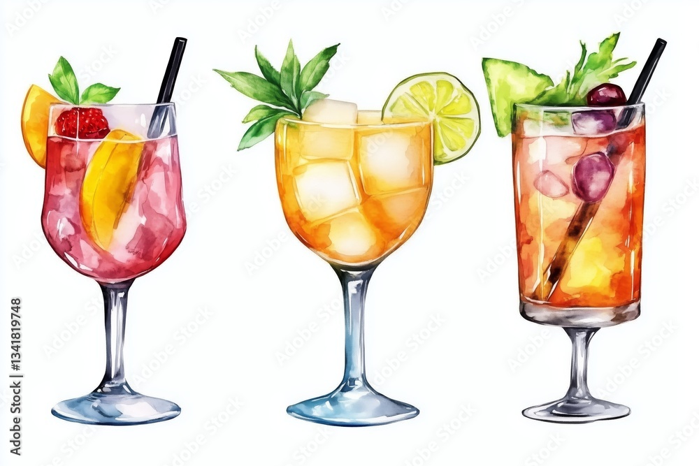 Fototapeta premium Set of watercolor hands holding summer aperitif cocktails glass simple sketch illustration on white background. DIY elements for bar menu, social media, collages and posters