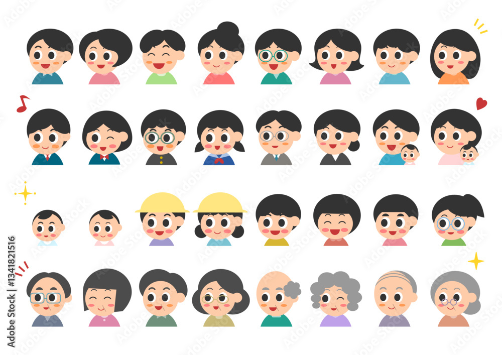 人々の笑顔の表情アイコンイラストセット 人々の笑顔の表情アイコンイラストセット
