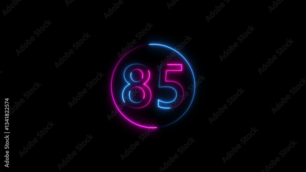 Abstract glowing neon text 85 number countdown icon. Glowing sign on black background Neon number 85 with alpha channel, neon numbers, Appears and disappears. Fiery style. 4k. Seamless loop Abstract glowing neon text 85 number countdown icon. Glowing sign on black background Neon number 85 with alpha channel, neon numbers, Appears and disappears. Fiery style. 4k. Seamless loop