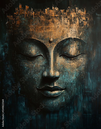 Textured Buddha Face Painting in Dark Teal and Gold: Serenity, Meditation, Spiritual Art, Dark Background