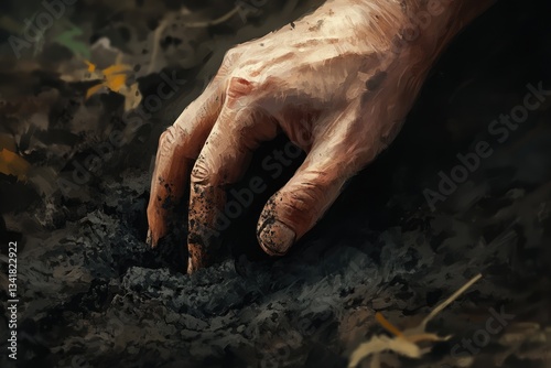 A weathered hand delves into dark, fertile soil, cultivating life from the earth.