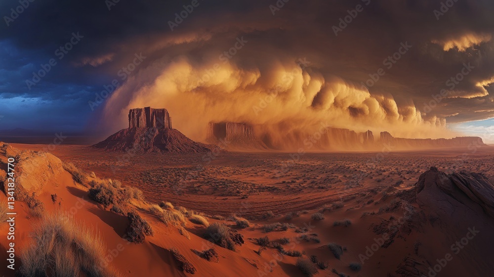 Fototapeta premium Dramatic sunset over Monument Valley with a massive dust storm approaching.