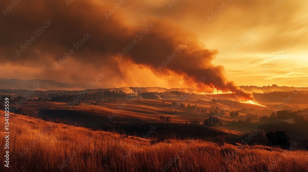 Fototapeta premium Dramatic sunset over wildfire burning across dry fields and hills.