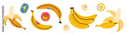 Set with bananas, bunch, whole and cut fruits and slices. Modern vector illustration isolated on white background, hand drawn, flat design