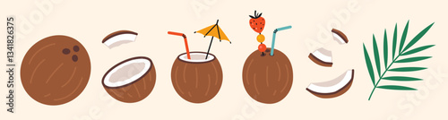 Coconuts set with tropical cocktail elements, shells, umbrella, straw, leaf and whole nut. Modern vector illustration isolated on background, hand drawn, flat design
