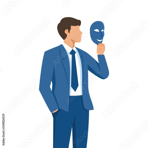 Business concept illustration of businessman wearing smiling face mask, dissemblance, pretend, hypocrite, falsity concept