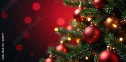Elegant Christmas tree, shimmering ornaments, red bokeh glow , christmas lights, holiday, christmas tree