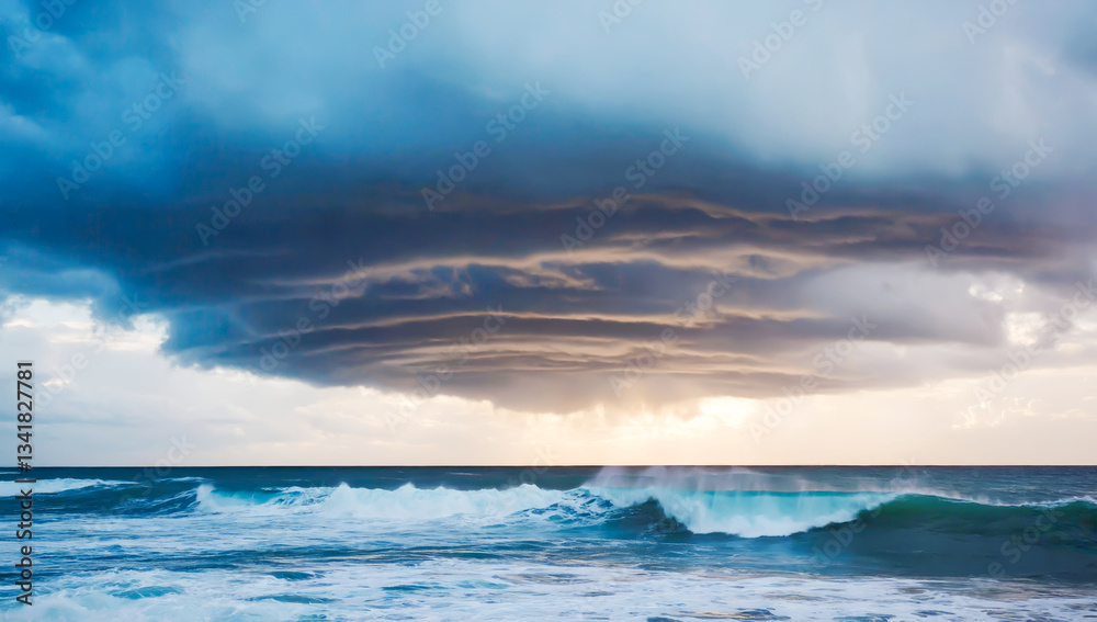 Obraz premium Dramatic storm clouds swirling over the ocean with powerful waves crashing under moody sky. Concept of nature’s power, extreme weather, ocean energy, wild tourism, and coastal landscapes