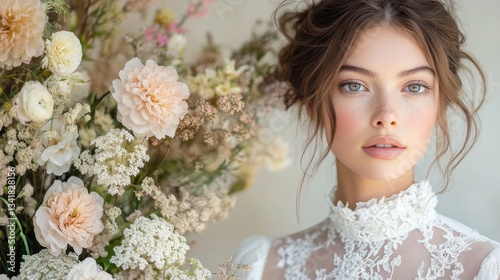 A young woman stands gracefully in front of a backdrop of soft, blooming flowers. Her natural beauty is enhanced by gentle lighting and an elegant outfit, creating a serene atmosphere.