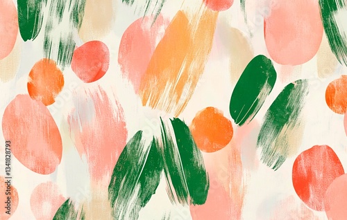seamless wallpaper modern peach pink color fruit background greenish green elongated triangle leaf brush strokes background white watercolor and solid color strokes on white background
