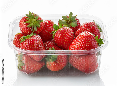 fresh strawberries in plastic container isolated on white background