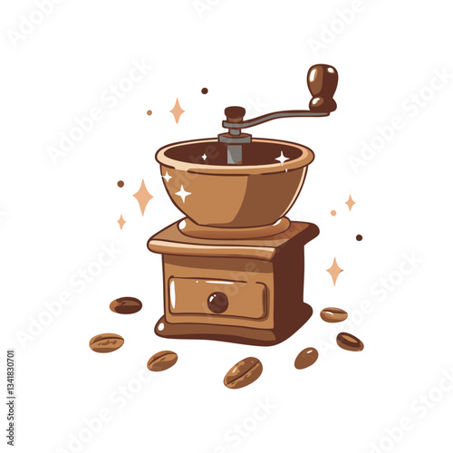 Vintage coffee grinder vector illustration with scattered coffee beans. Classic and rustic design, ideal for cafe branding and coffee-related artwork.