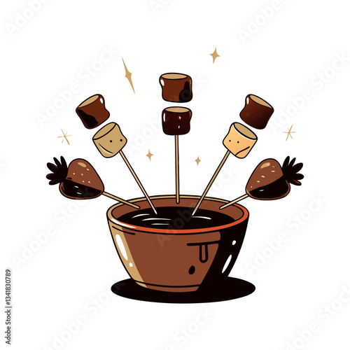 Chocolate fondue vector illustration with skewers of marshmallows and strawberries dipped in rich melted chocolate. Sweet and indulgent dessert concept.