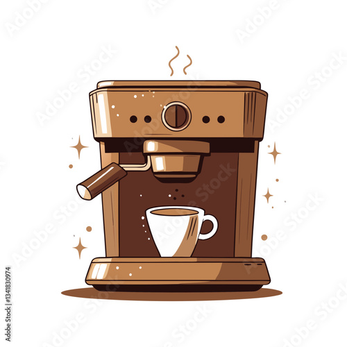 Espresso machine vector illustration with a steaming cup of coffee. Stylish and modern design, perfect for cafes, baristas, and coffee lovers.