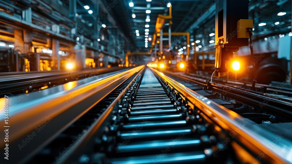 High-speed conveyor moving aluminum billets towards the extrusion press, futuristic production line High-speed conveyor moving aluminum billets towards the extrusion press, futuristic production line