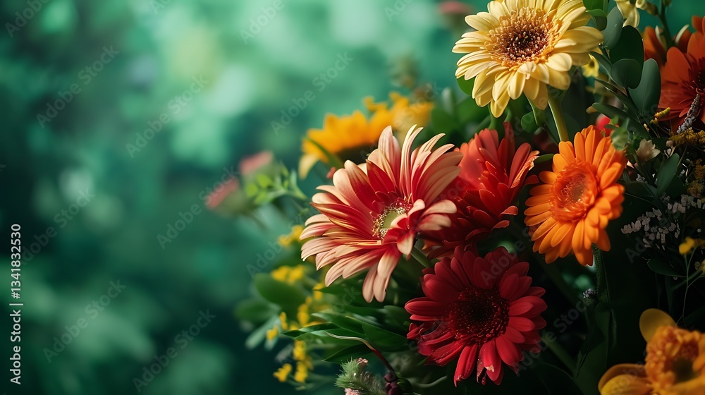 A vibrant bouquet of mixed flowers placed on a lush green background, with plenty of space for text. A vibrant bouquet of mixed flowers placed on a lush green background, with plenty of space for text.