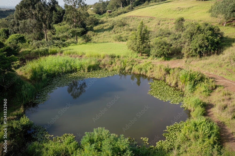 A natural pond within a permaculture farm, supporting biodiversity A natural pond within a permaculture farm, supporting biodiversity
