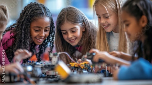 A group of young girls from diverse ethnic backgrounds working on a robotics project in a science classroom excitement and curiosity in their expressions