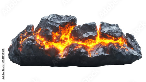 The image depicts a dark rock formation with bright orange and yellow lava glowing through cracks, suggesting volcanic activity.