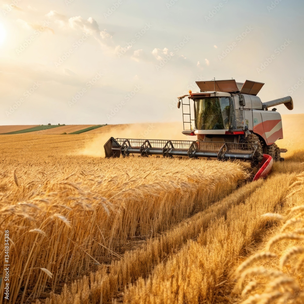 Fototapeta premium Harvester working in a golden wheat field under a bright sunset sky