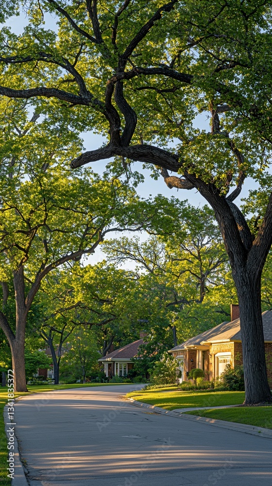 Sunny residential street lined with mature trees at sunset Sunny residential street lined with mature trees at sunset