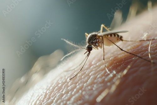 Common house mosquito drinking blood on human skin. Mosquito is biting arm. closeup of a nasty mosquito sitting on hand. Macro. Zika virus. Insect bite. Allergic reaction, itchy, allergy, dermatitis