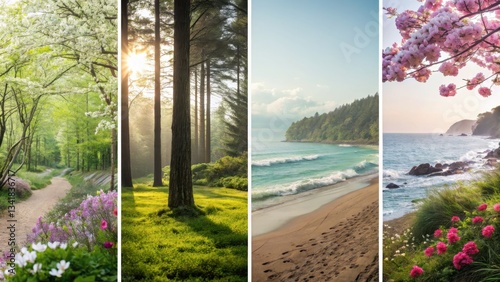 A serene collage showcasing lush forests, tranquil beaches, and blooming flowers, highlighting the beauty of nature in various landscapes.