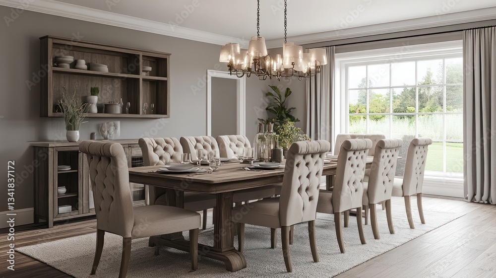 Fototapeta premium Elegant dining room with large wooden table, upholstered chairs, built-in shelving, and a chandelier.