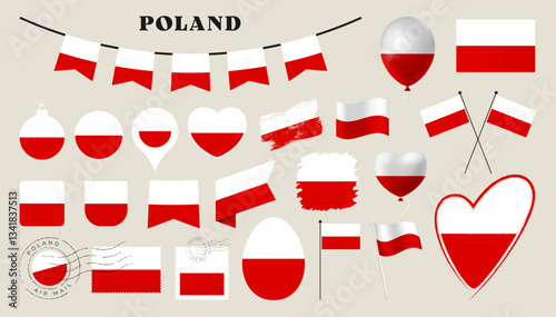 Free Download poland flag set. Various National flag collection with different shapes like heart, shield, easter egg, location, circle, postmark, grunge, square, round and rectangle vector illustration - GFXLoad