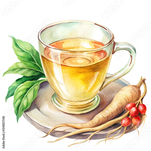Watercolor Ginseng tea healthy drink herbal remedy isolated on transparent background