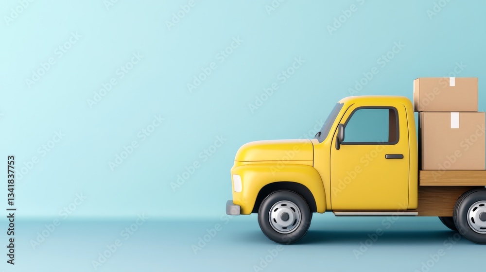 Fototapeta premium Yellow Truck with Cardboard Boxes Side Profile, 3D Render, Delivery Concept, Shipping, Logistics Shipping, Delivery