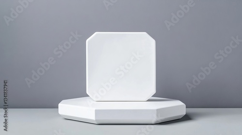 Wallpaper Mural White Octagonal Platform with Blank Rectangular Sign, Minimalist Product Display, Mockup, Studio Shot,Geometric Shapes Mockup, Minimalist Torontodigital.ca