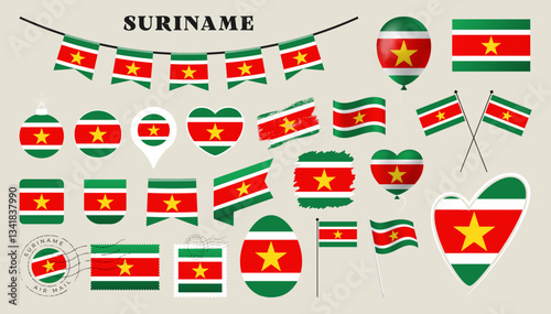Free Download suriname flag set. Various National flag collection with different shapes like heart, shield, easter egg, location, circle, postmark, grunge, square, round and rectangle vector illustration - GFXLoad