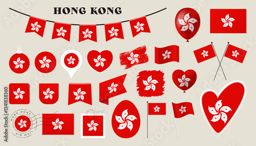 hong kong flag set. Various National flag collection with different shapes like heart, shield, easter egg, location, circle, postmark, grunge, square, round and rectangle vector illustration