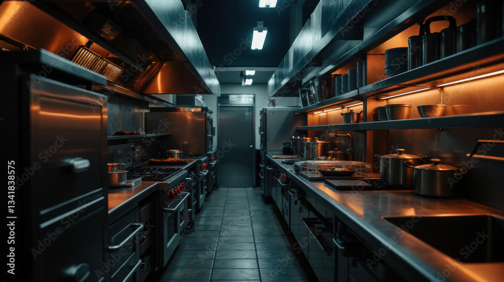 Fototapeta premium modern commercial kitchen with stainless steel appliances and warm lighting, showcasing professional cooking environment