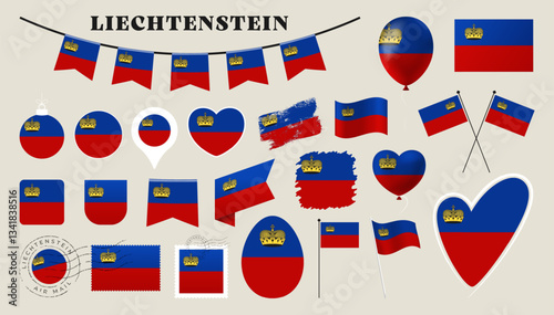 liechtenstein flag set. Various National flag collection with different shapes like heart, shield, easter egg, location, circle, postmark, grunge, square, round and rectangle vector illustration