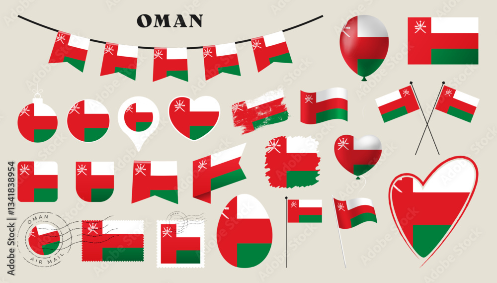 oman flag set. Various National flag collection with different shapes like heart, shield, easter egg, location, circle, postmark, grunge, square, round and rectangle vector illustration