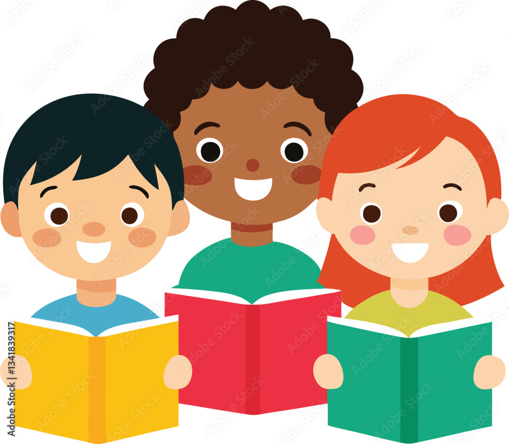 diverse kids reading vector art illustration. diverse kids reading vector art illustration.