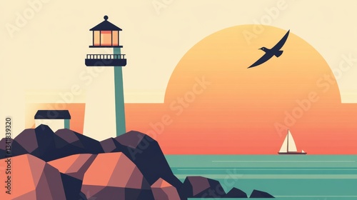 Sunset Lighthouse Seascape Low-poly, Minimalist Illustration, Seascape, Lighthouse Lighthouse, art