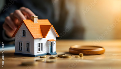 a small toy house model on a wooden surface, close-up photo, warm lighting