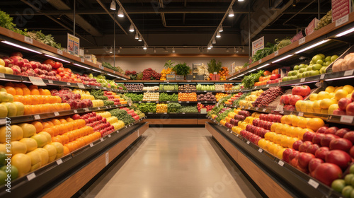 Fresh fruits and vegetables arranged in colorful displays at grocery store, creating vibrant shopping experience