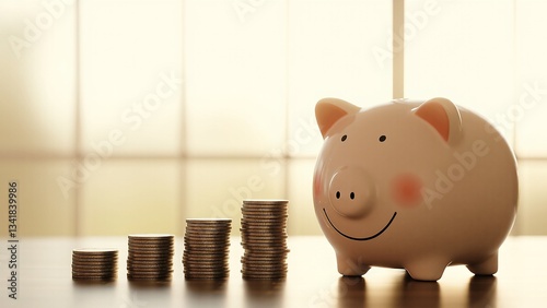 Wallpaper Mural Smiling piggy bank next to ascending stacks of coins depicts financial growth and savings. Torontodigital.ca